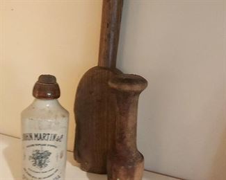Antique Wood Pestle and  Antique Beer Bottle 