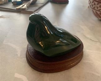 Beautiful jade bird art figure. 4” long 2.5” wide. On wood base marked 550-AS on chest
$125.00