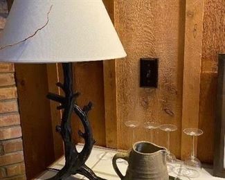 Resin tree branch lamp and mid-century signed pottery