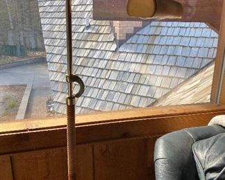 2 vintage matching rattan and brass floor reading lamps