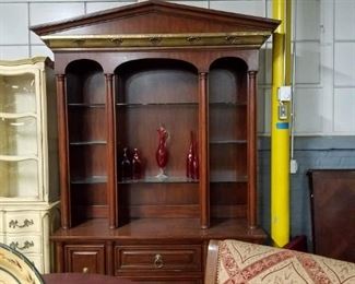 Gorgeous Lighted cherry 2 piece china cabinet & hutch with brass molding Measures: 63.25"W x 22"D x 95"H in center Was $995 Now $695