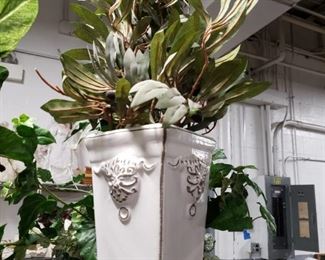 Embossed 4 sided ceramic vase with artificial greens $25