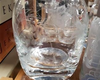 Floral etched decanter with stopper $25 each 5 available