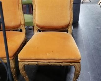 (2) Vintage orange velvet padded wooden framed dining side chairs $95