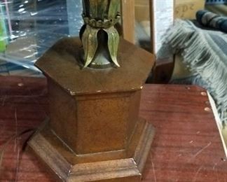 Antique ornate antique brass with wooden base table lamp with shade Call for price