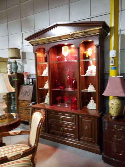 Gorgeous Lighted cherry 2 piece china cabinet & hutch with brass molding Measures: 63.25"W x 22"D x 95"H in center Was $995 Now $695