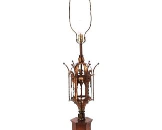 Antique ornate antique brass with wooden base table lamp with shade Call for price