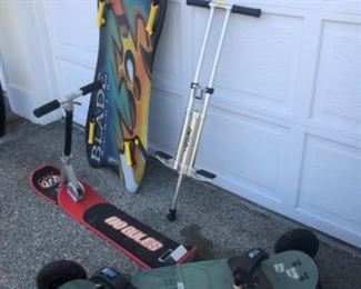 Lot of 4, board skate, snow board, Pogo stick, water board. $95.00