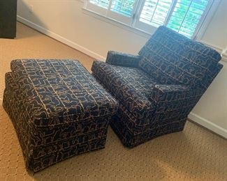 Custom black and gold upholstered lounge chair and ottoman, $450
