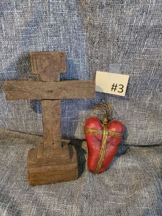 #3 Wooden Cross 10x6  with Rock Heart wrapped in gold wire.  Rock back Teodoro Estrada "Luz Eterna" Know artist in Brownsville Tx.  $45 Tas-Estate- Sales.com to purchase