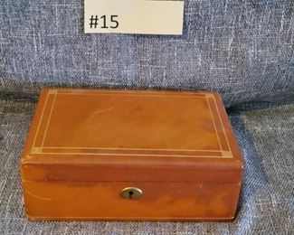 #15 Jewelry box Tan Leather no Key some stains cloth bottom  9x6 $8 Tas-Estate-Sales.com to purchase