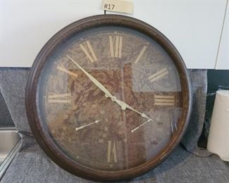 #17 Lg Wall Clock Metal Brushed brown metal with gold tones. Works needs batteries 25x25  $30 Tas-Estate-Sales.com to purchase
