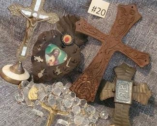 #20 Religious lot 2 Metal crosses, 2 tin types, one fossil stone cross, one lg plastic rosary  $50 Tas-Estate-Sales.com to purchase