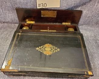 #30 Vintage writing box with glass ink bottles and keys needs some tlc. 12x10 $15 go to Tas-Estate-Sales.com to purchase
