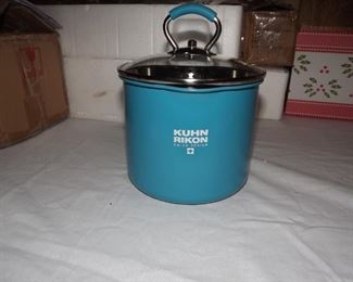 21.  Kuhn Rikon swiss design  pan w/lid. Has handle on side. 6 x 5 inches   $20.00