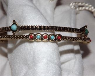 55.  set of 2 bangle bracelets.   Antique gold color. Beads around each.  $8.00