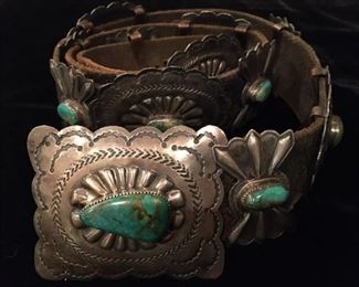 #39 $1,200 Spectacular old unsigned heavy turquoise and silver concho belt, 5 conchos and 6 butterflies, 41"