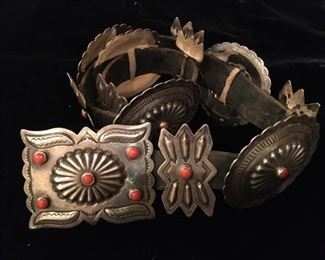 #40 $900 Beautiful unsigned old blood coral and silver heavy concho belt, 5 conchos and 6 butterflies, 36"