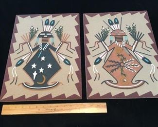 #49 $45/pair 'Father Sky' and 'Mother Earth' sand paintings by Nora Henio, 1991, 16" x 12" 