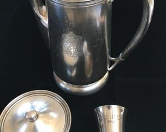 #111 Hotel silver and small trophy A $15 8 oz covered dish; B $25 10"/48oz coffeepot; C $7 silverplate trophy cup, 1951