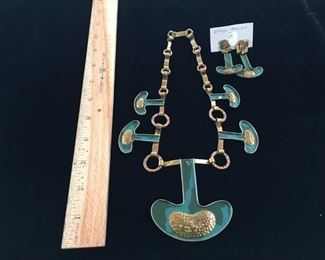 #100 A $45 Maya Mexican Modernist copper, brass and enamel necklace, ca 1950; B $15 matching clip earrings 
