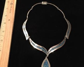 #104 $35 vintage Mexican sterling and crushed stone necklace