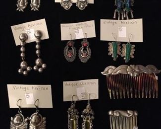 #105 Vintage Mexican sterling items, 2 combs SOLD, 2 pairs Oaxacan earrings SOLD
