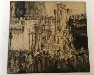 #3  $40   Sir Frank Brangwyn etching 'A Preocession, Genoa', 1924, 9 1/4" x 10" impression