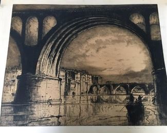 #1  $45 Sir Frank Brangwyn (1864-1956) etching  'The Old Bridge - Albi', 1916, 19 3/4" x 24 1/2" impression