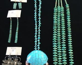#45 Native American jewelry    2 strand turquoise necklace (SOLD); SOLD Santo Domingo inlaid shell necklace; Navajo bell earrings (SOLD); SOLDlong turquoise earrings; $70 dragonfly earrings;  turquoise mosaic earrings (SOLD)