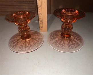 Pink Depression candlestick holders $14