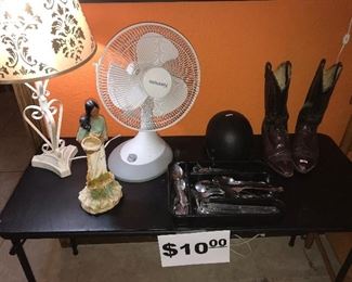 ALL ITEMS $10 EACH.  
LAMP.  VINTAGE NATIVE SCULPTURE.  FAN.  SILVERWARE SET.  VINTAGE HELMET.  COWBOY BOOTS SIZE 7.5