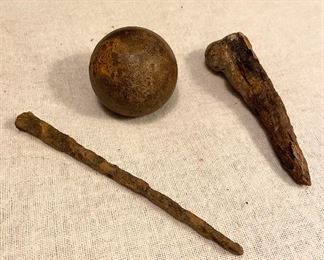 Civil War Iron Cannon Ball 2" with long square nail and iron stake - $40
