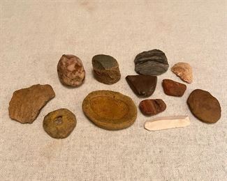 Various Indian Artifacts - Discoidal, cupped discoidal, flint ridge chalcedony flake knife, pottery shard, bifurcate burin tool, misc items - $90 for all.