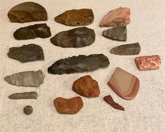 Indian Artifacts - Broken arrowheads, scrapers, points, tools, lead ball. $25
