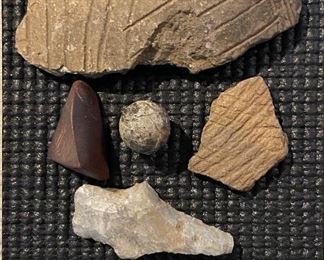 Indian Artifacts - Pottery shards, point tool, musket ball, catlinite - $25