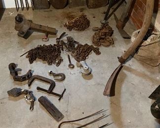 Various iron tools, chains, fork $5 choice