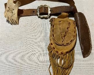 Elk skin pouch, beaver knife sheath on leather belt with buckle and horn bone $50