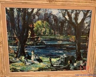 Large Impressionist Landscape Painting on Canvas In Ornate Giltwood Frame by EDWIN W. BECKER