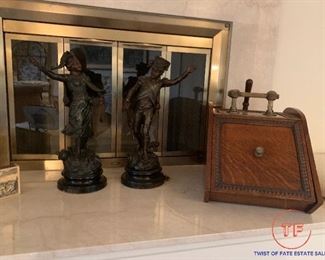 Pot Metal Figural Statuettes and Antique Fireplace Ash Box