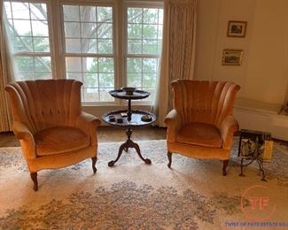 Custom Upholstered Sitting Chairs and Antique Tiered Pie Crust Table with Claw Feet