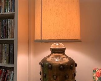 Pair Large Hollywood Regency Brass Lamps with Stone Cabochons