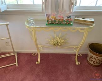 Vintage Wrought Iron Glass Topped Wall / Entryway Table