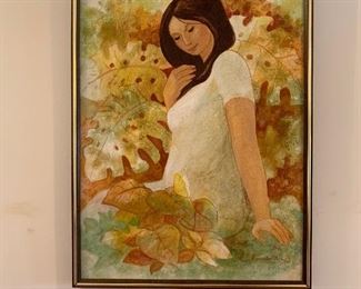 Mid Century Modern Painting of Young Woman Signed SILVA