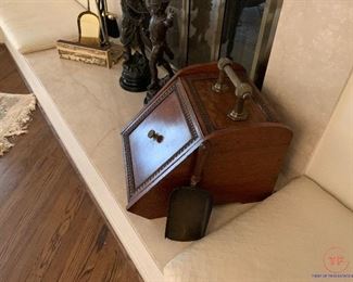 Antique Oak and Brass Coal Hod With Shovel