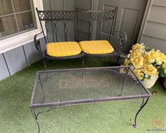 Outdoor Wrought Iron Bench and Table Set