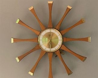 MCM Forestville Walnut Sunburst Starburst Wall Clock w/Key