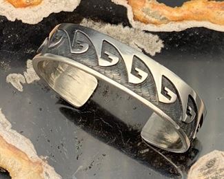 6. $140 - Native American Sandcast Silver Cuff Bracelet With Tribal Wave Design