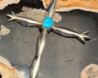 10. $250 - Native American Sandcast Silver & Turquoise Large Cross Pendant