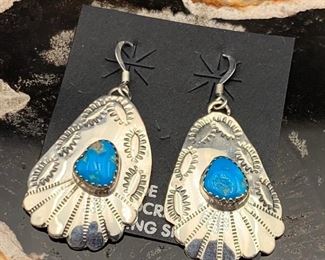 14. $65 - New Native American Navajo Sterling Silver & Turquoise Dangle Earrings Signed (2 Pair Available)